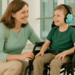 Mãe atípica viajando com criança com deficiência, utilizando benefícios de acessibilidade.