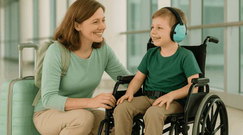Mãe atípica viajando com criança com deficiência, utilizando benefícios de acessibilidade.