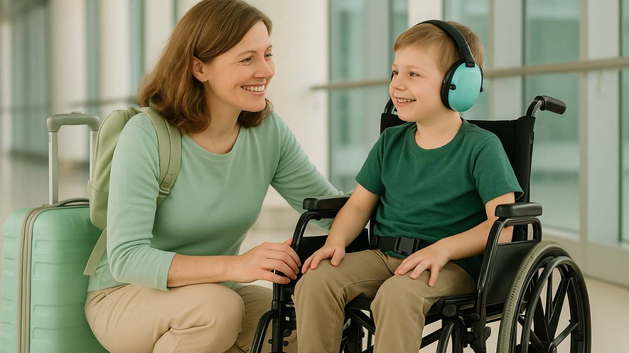 Mãe atípica viajando com criança com deficiência, utilizando benefícios de acessibilidade.