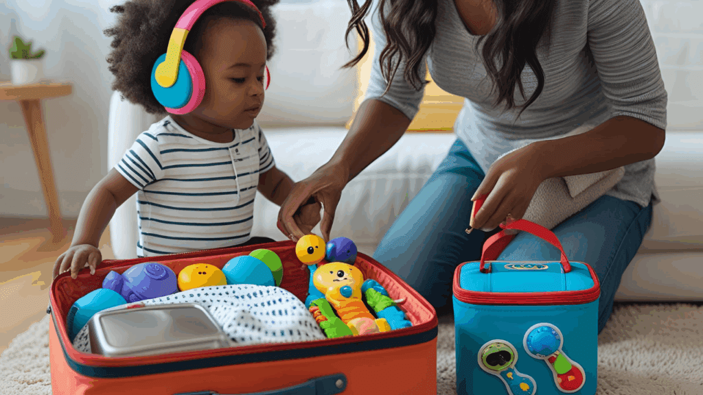 Mãe atípica arrumando itens essenciais de viagem para criança com necessidades especiais, incluindo brinquedos sensoriais e abafador de som