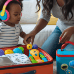 Mãe atípica arrumando itens essenciais de viagem para criança com necessidades especiais, incluindo brinquedos sensoriais e abafador de som