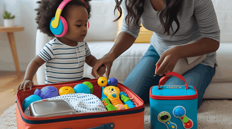 Mãe atípica arrumando itens essenciais de viagem para criança com necessidades especiais, incluindo brinquedos sensoriais e abafador de som