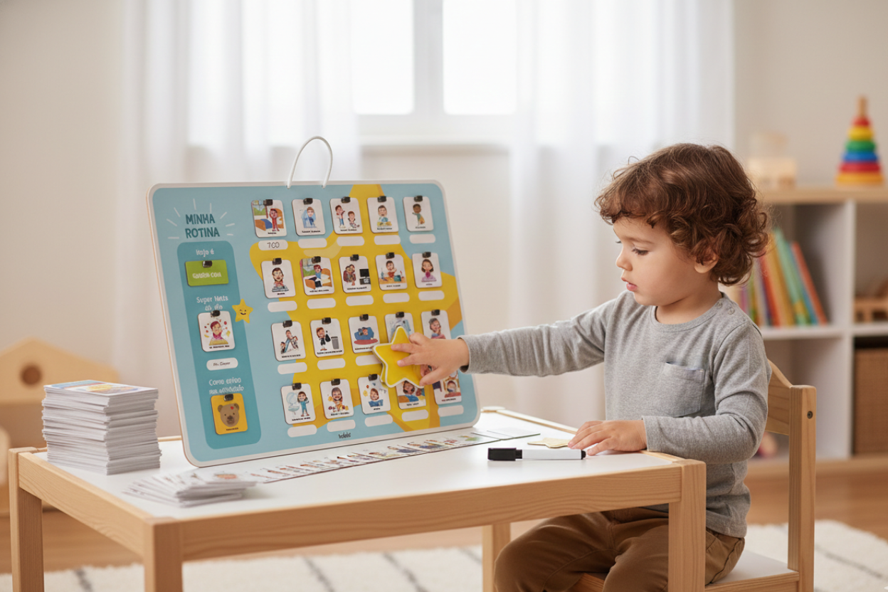 Criança usando quadro de rotina