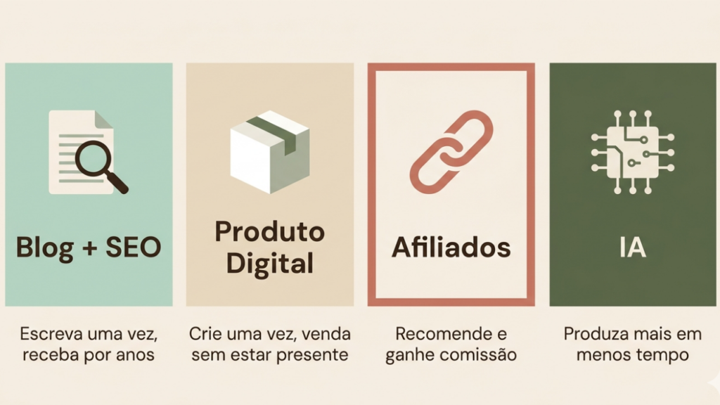 Infográfico com os 4 caminhos de renda para mães atípicas: blog com SEO, produto digital, afiliados e inteligência artificial.