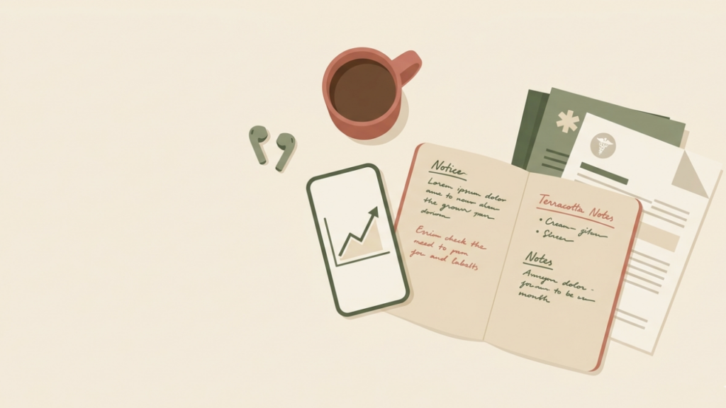 Mesa de trabalho de mãe atípica com celular, caderno e documentos médicos — renda online na rotina atípica